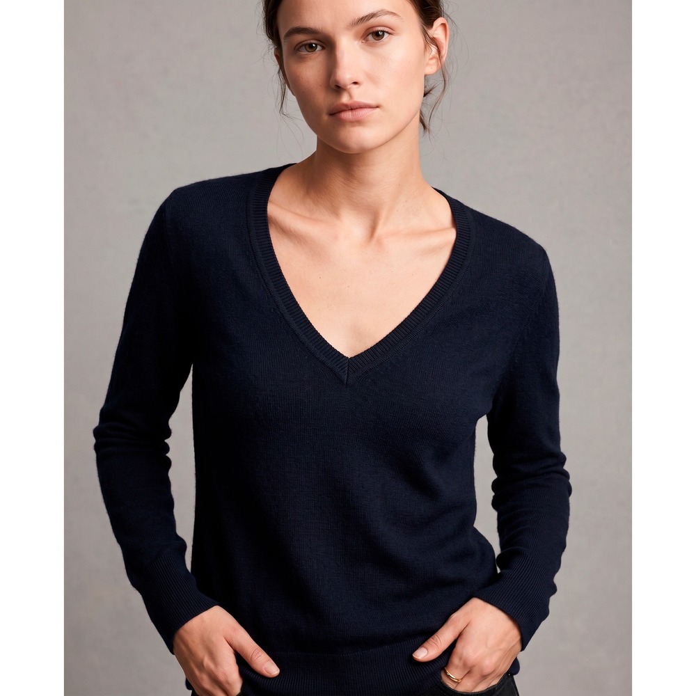 Rag & Bone Jean 100% Merino Wool V-Neck Sweater Navy Blue Women's Size L